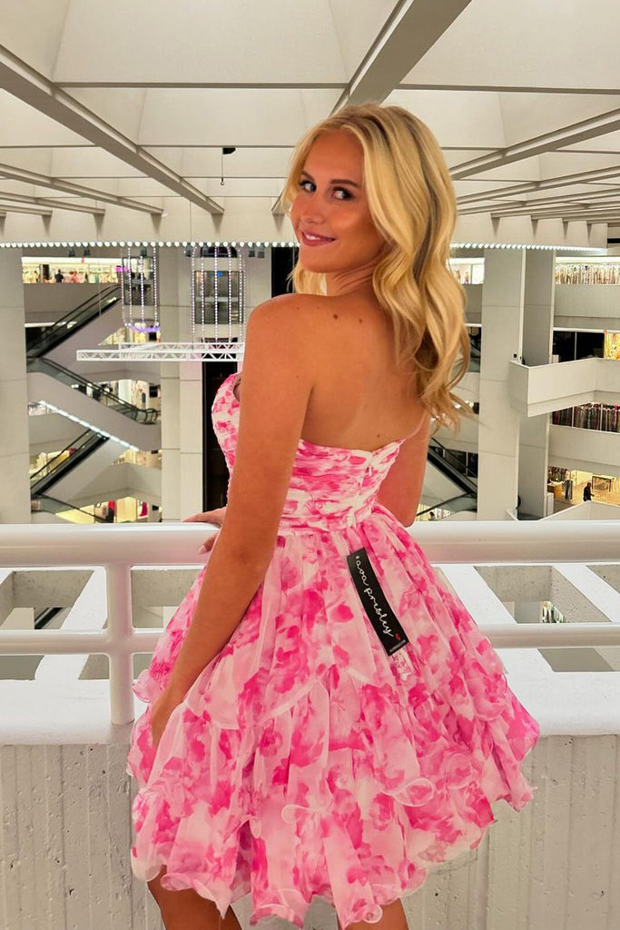 Pretty A Line Sweetheart Pink Floral Print Short Homecoming Dresses DM Dressmeet Pretty A Line Sweetheart Pink Floral Print Short Homecoming Dresses DM Dressmeet