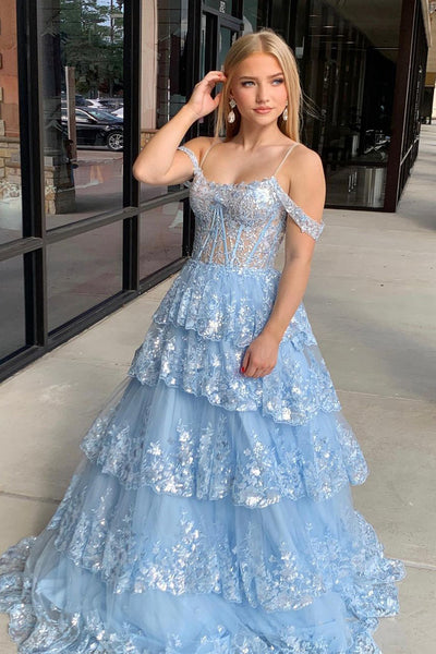 A-Line Cold Shoulder Blue Tiered Sequin Lace Long Prom Dresses MD4010303