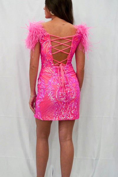 Pink V Neck Feathered Shoulder Sequin Lace Short Homecoming Dresses MD090903