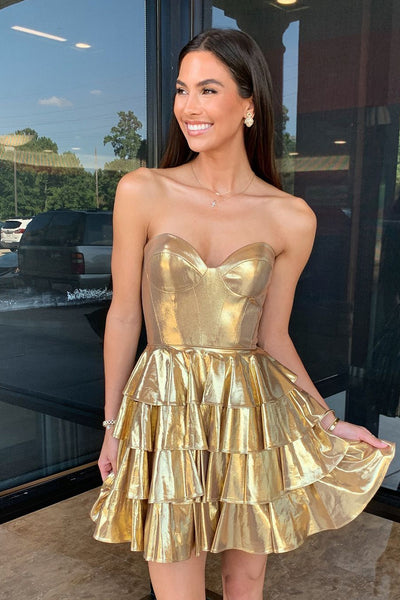 Metallic Gold Strapless Short Tiered A-Line Homecoming Dresses DM24080615