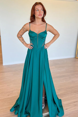 Simple A-Line Green Spaghetti Straps Satin Long Evening Dress Prom Dresses with Side Slit DM25101605