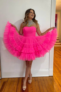 Fuchsia A-Line Sweetheart Tulle Tiered Corset Short Homecoming Dress MD0903012