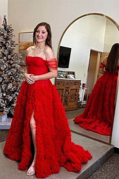 Red Off the Shoulder Ruffle A-Line Prom Dress with Slit MD121706