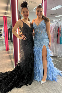 Black V Neck Sequin Lace Mermaid Long Prom Dresses MD120104