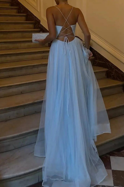 Elegant A Line Spaghetti Straps Sky Blue Long Prom Dress with Split Front MD112303