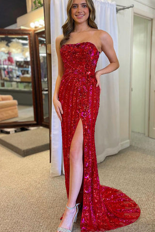 Red Strapless Sequins Mermaid Long Prom Dress with Slit MD4021702