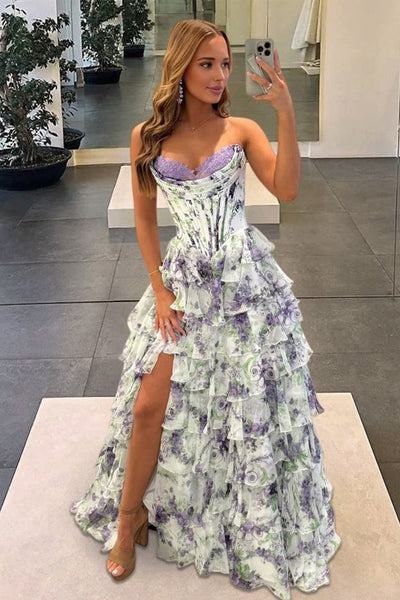 Cute A Line Sweetheart Floral Chiffon Tiered Prom Dress with Slit DM1613802