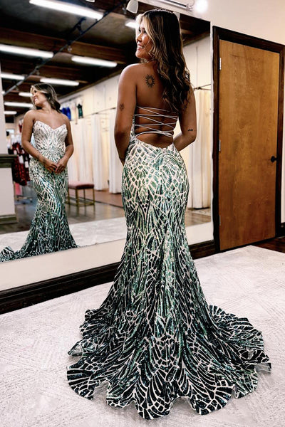 Mermaid Strapless Green Sequins Long Prom Dress MD4050704