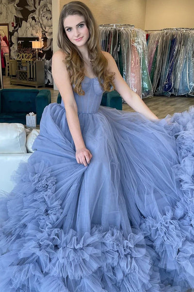 Periwinkle Strapless Tiered Tulle A-Line Long Prom Dresses MD4012203
