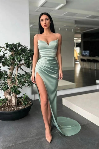 Green Spaghetti Straps Mermaid Prom Dress With High Slit MD100404