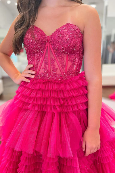 Sparkly Fuchsia Tulle Tiered Corset Long Prom Dress with Lace DM3082719