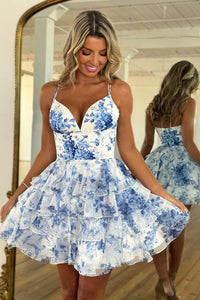 A Line V Neck Floral Chiffon Tiered Short Homecoming Dress DM072104