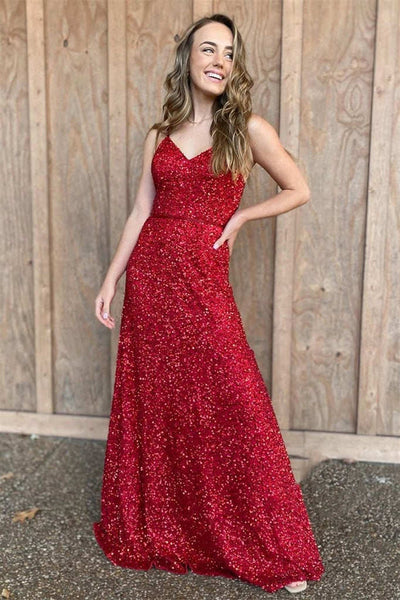 V-Neck Straps Red Sequins Long Prom Dress MD121807