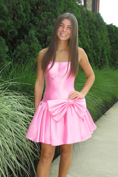 A Line Strapless Pink Satin Homecoming Dress DM12062805