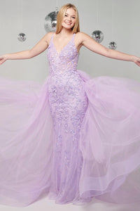 Lilac V Neck Tulle Mermaid Long Prom Dresses with Appliques MD4013003