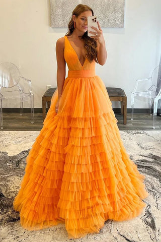 Orange A-Line V-Neck Tulle Long Prom Dress MD100810