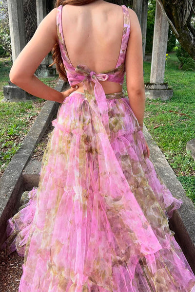 Uniques Two Piece V Neck Floral Prinred Long Prom Dress MD4042705