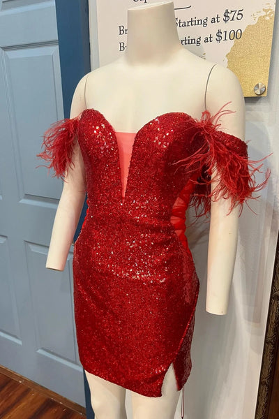 Red Plunging Off-the-Shoulder Sequins Homecoming Dress with Feathers MD090504