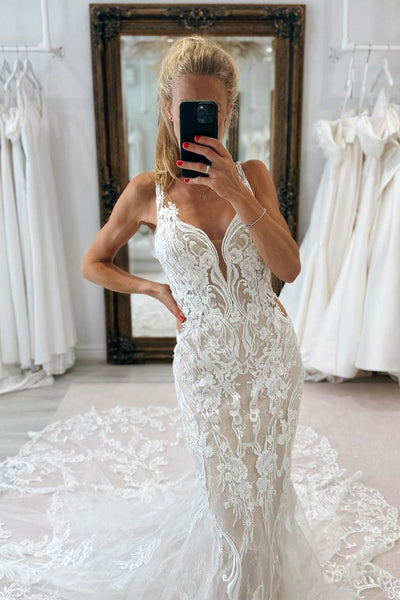 Gorgeous Mermaid V Neck Lace Wedding Dresses with Train DM4070206