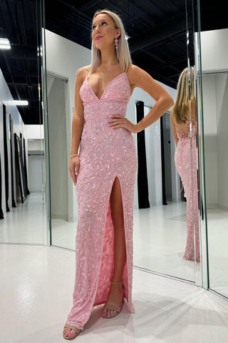 Pink V Neck Sequins Appliques Mermaid Long Prom Dresses MD4012101