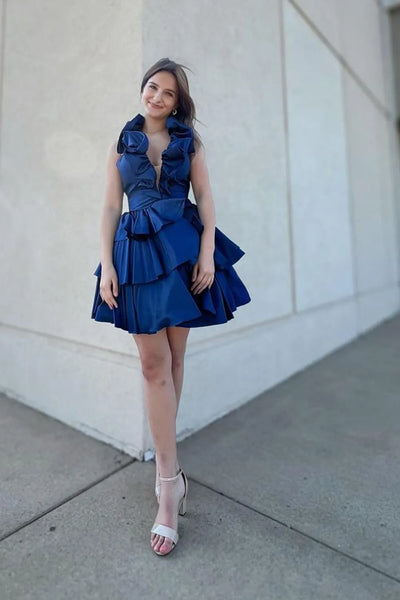 A-Line Halter Royal Blue Tiered Satin Short Homecoming Dresses with Ruffles DM24081001