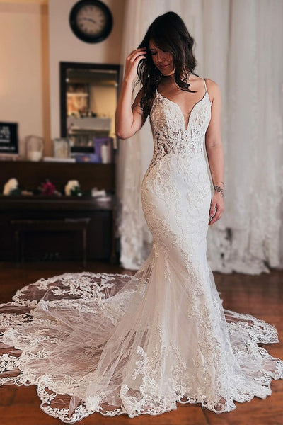 Charming Mermaid V Neck Lace Wedding Dresses DM24062903