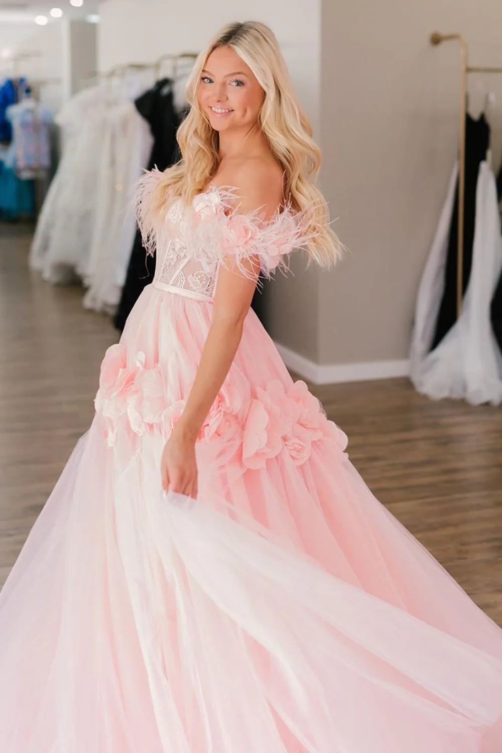 Princess A Line Off the Shoulder Pink Corset Prom Dress with Feather MD100206 Dressmeet Princess A Line Off the Shoulder Pink Corset Prom Dress with Feather MD100206 Dressmeet