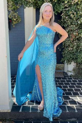 Mermaid One Shoulder Blue Sequins Long Prom Dress with Split Front MD092908