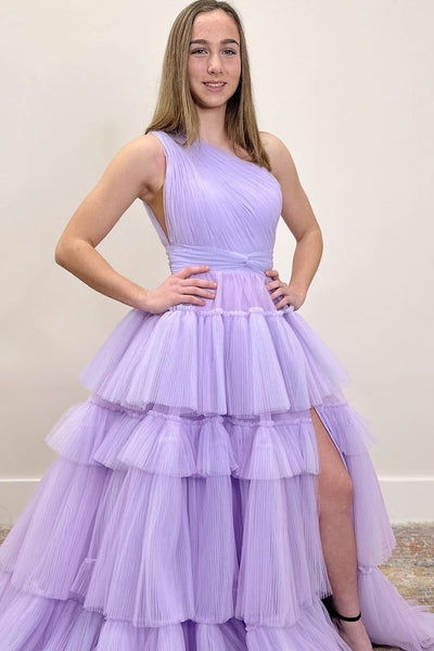 A-Line One Shoulder Tiered Tulle Long Prom Dress with Slit MD4040101