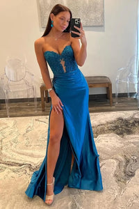 Blue Mermaid Sweetheart Long Corset Prom Dress with Slit MD4040905