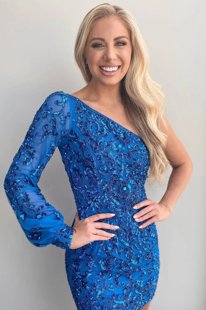 Bodycon One Shoulder Blue Long Sleeve Sequins Short Homecoming Dresses Dressmeet Bodycon One Shoulder Blue Long Sleeve Sequins Short Homecoming Dresses Dressmeet