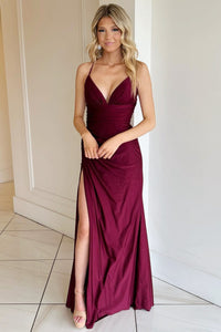 Burgundy V-Neck Lace-Up Long Formal Dress with Slit MD121603