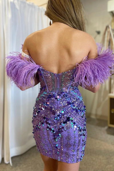 Lavender Sequin Beading Short Homecoming Dress with Feathers LD3063008