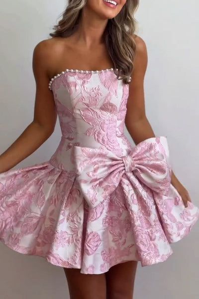 A Line Strapless Pink Jacquard Satin Homecoming Dress with Bow DM12061405