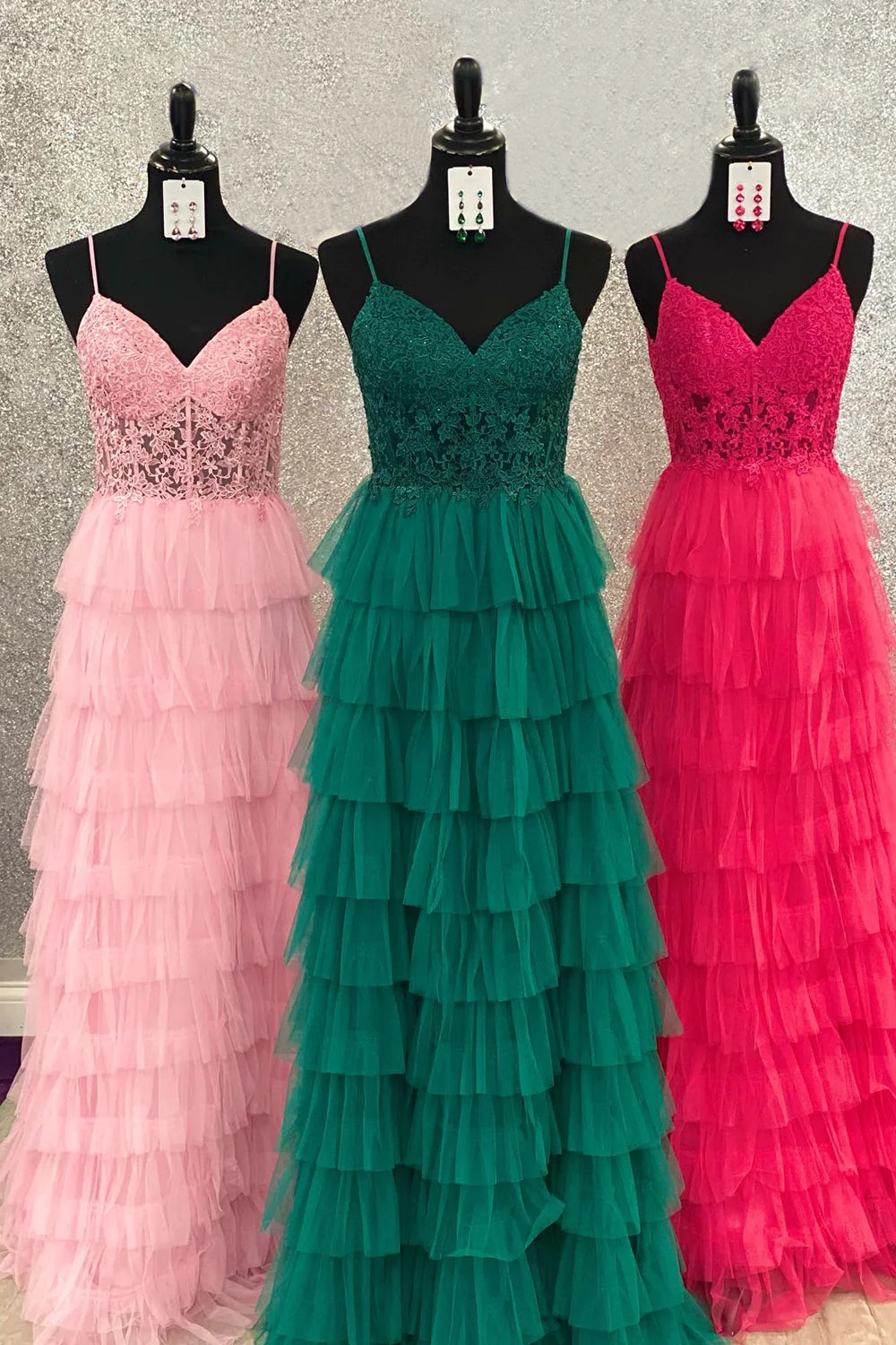 Dark Green A-Line Tiered Tulle Long Prom Dress with Lace DM3082720