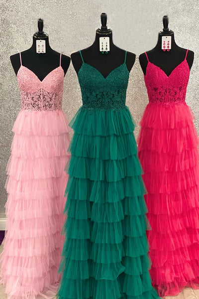 Dark Green A-Line Tiered Tulle Long Prom Dress with Lace DM3082720