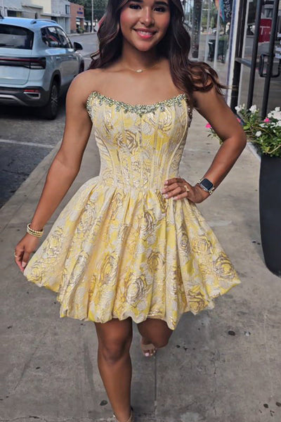 A Line Strapless Yellow Jacquard Satin Homecoming Dress with Beading DM12061512