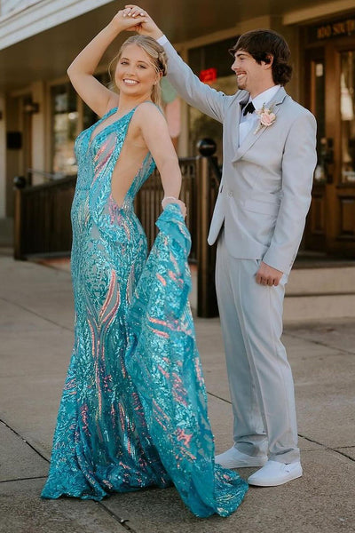 Mermaid V Neck Blue Sequin Long Prom Dress MD4030202