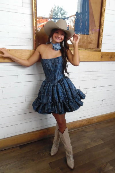 A Line Scoop Neck Navy Jacquard Satin Homecoming Dress DM12060903