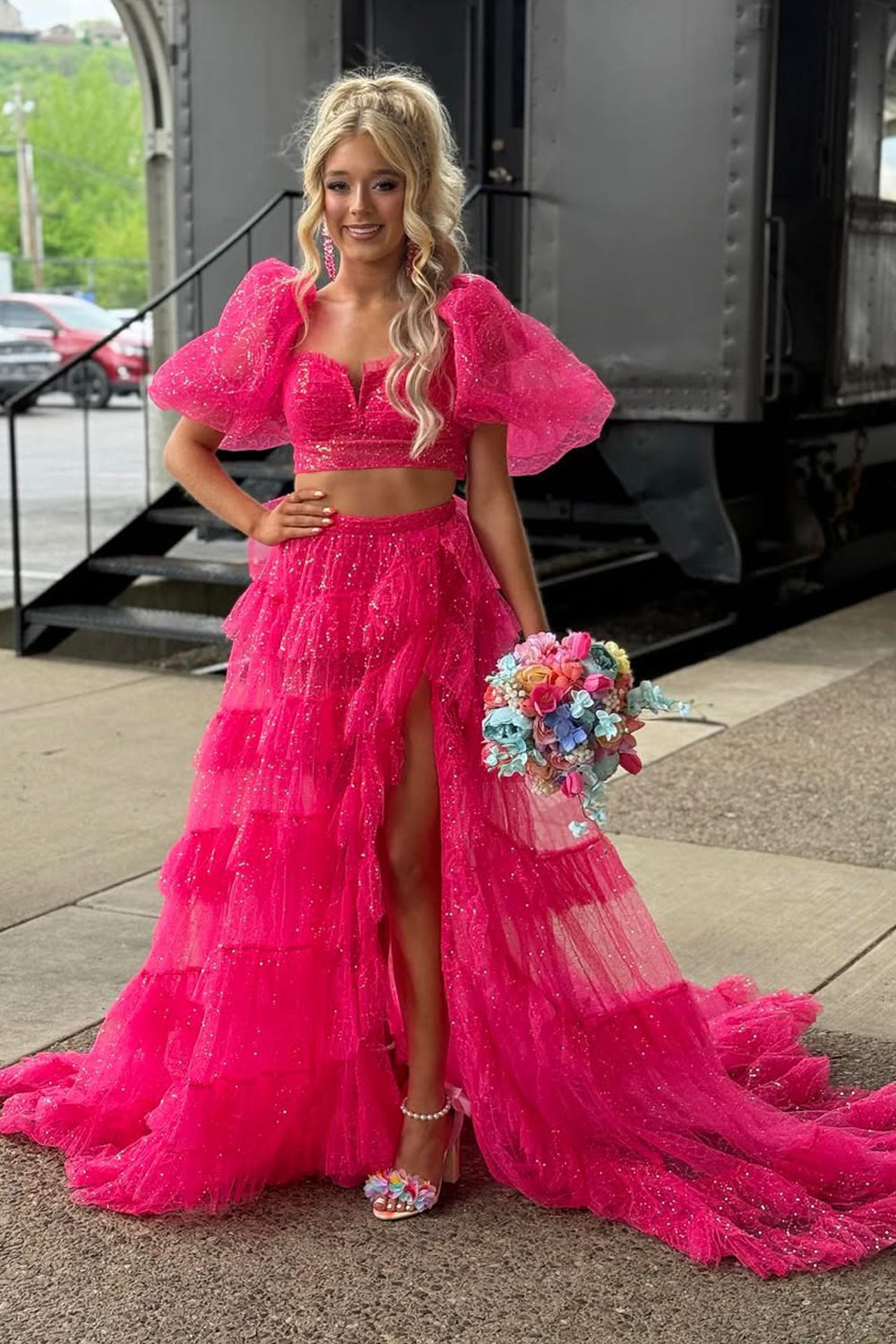 fuchsia two piece prom dress Two Piece V Neck Fuchsia Sequins Long Prom Dress with Slit MD4051102