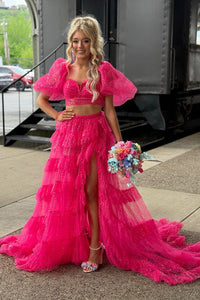 Gorgeous Two Piece Fuchsia Sequins Tulle Prom Dresses with Ruffled Sleeves DM050604