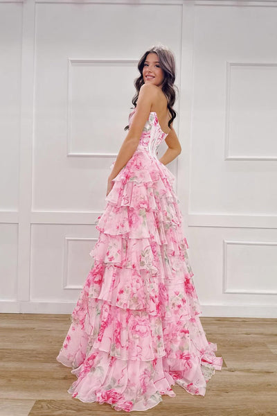 Sweet A Line Sweetheart Pink Floral Chiffon Tiered Prom Dress with Slit DM3213907