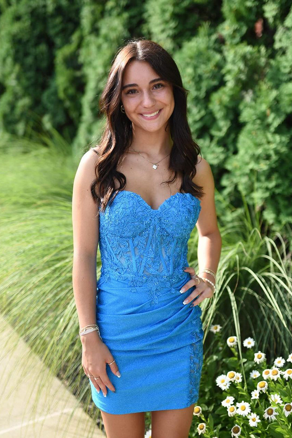 Cute Sweetheart Blue Satin Tight Homecoming Dresses with Appliques MD0 – Dressmeet