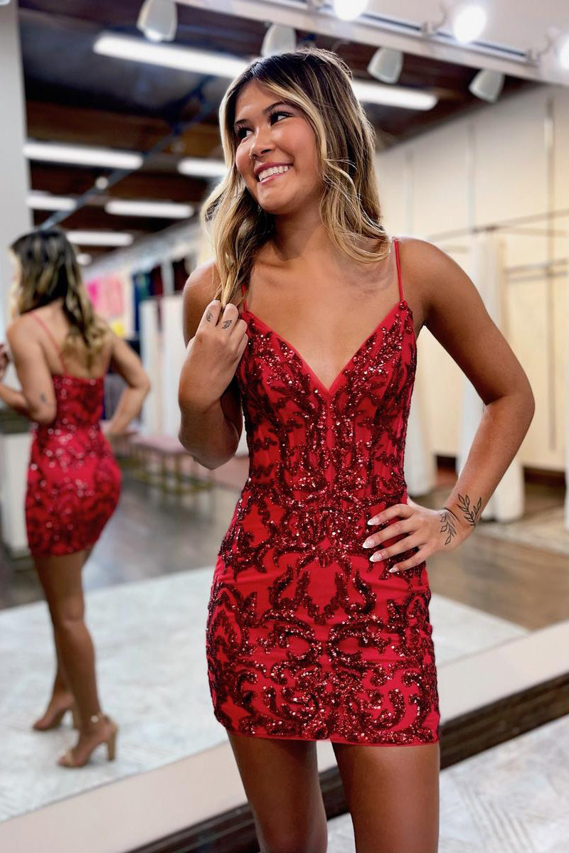 Dark Red Bodycon V Neck Sequins Lace Short Homecoming Dresses LD3070404