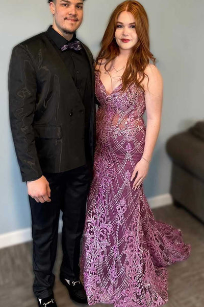 Stunning Purple V Neck Spaghetti Straps Appliques Mermaid Long Prom Dress DM25102801