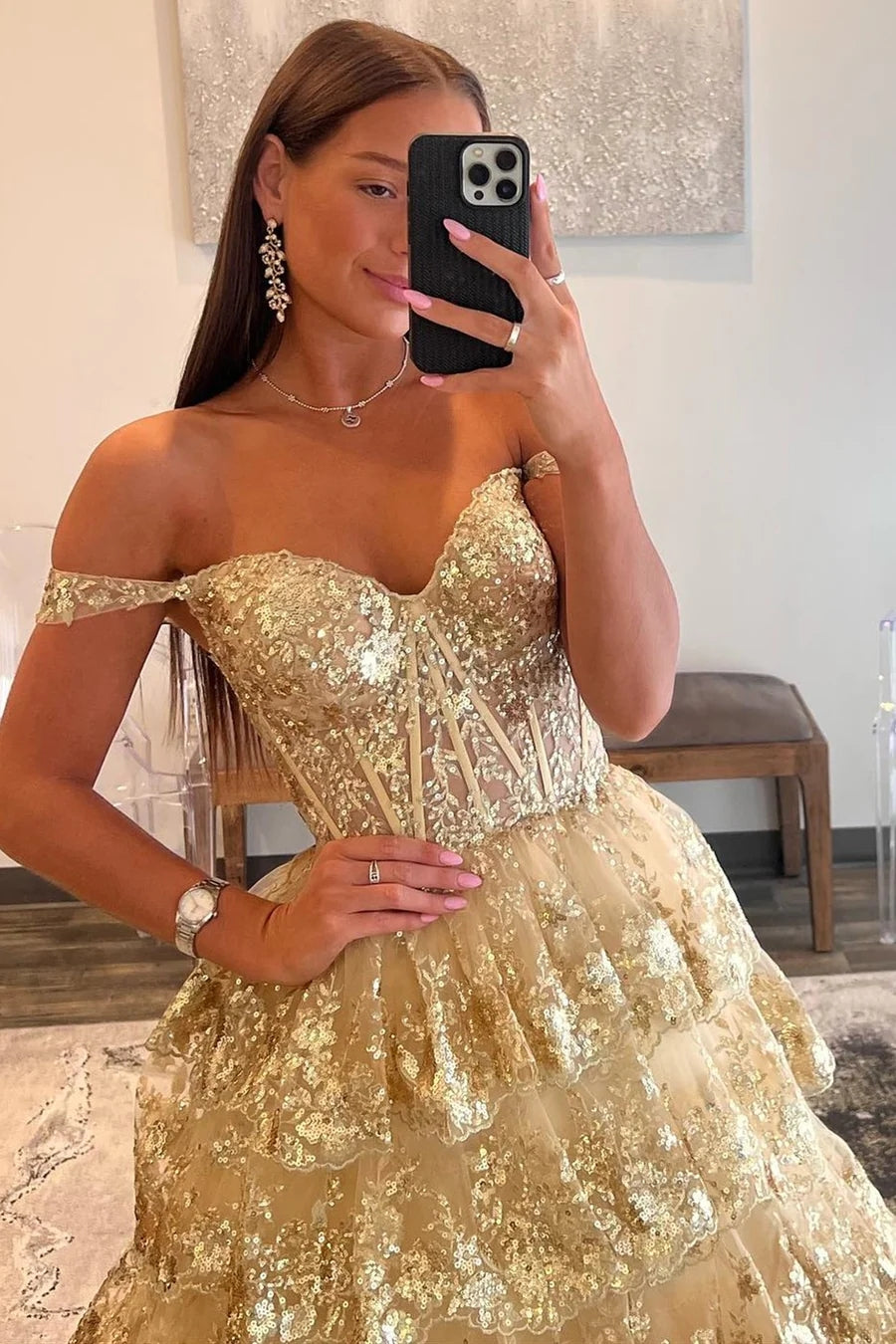 slim fit dress slacks Elegant Black Strap Gold Glitter Detailed Layered Puffy Ruffle Dress M / Black main image 1