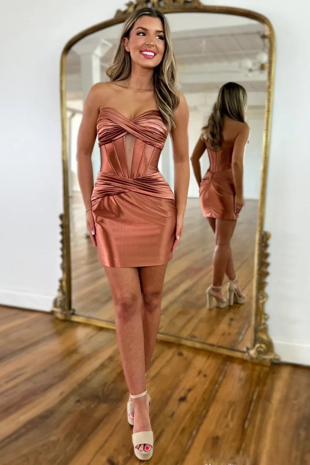 Brown Strapless Keyhole Satin Short Tight Homecoming Dresses DM24071511