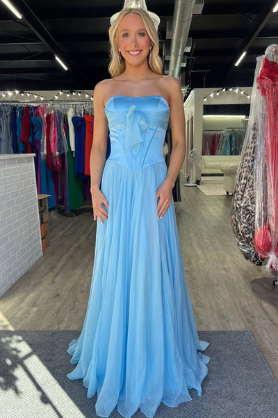 Simple A-Line Strapless Blue Chiffon Long Prom Dresses with Bow DM16021508