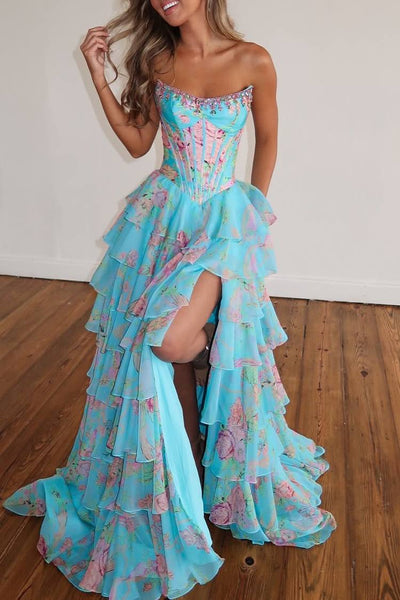 Charming A-Line Strapless Print Ruffles Sleeveless Long Prom Dress DM25102802