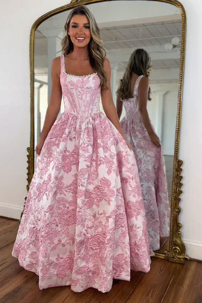 Gorgeous A Line Squard Neck Jacquard Satin Prom Dress with Pearls DM52120806